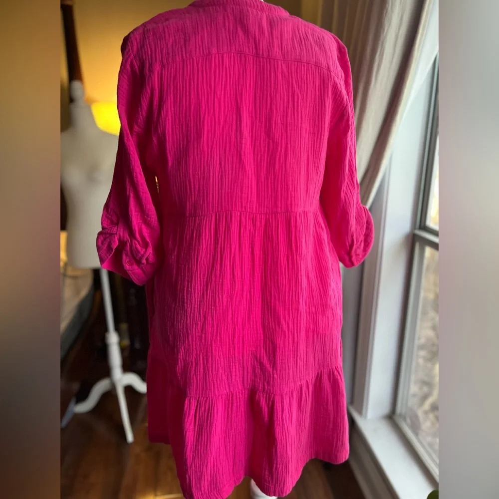 Chico's Vibrant Pink Midi Dress Size 2 Large Barbiecore Spring Loose Fit Pockets - Picture 6 of 10